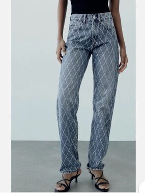 ZARA TRF MID-RISE JEANS WITH RHINESTONES BLUE STRAIGHT NEW